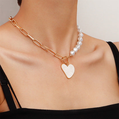 Pearl and White Shell 18K Gold-Plated Heart Pendant Toggle Necklace, gold pendant necklace for women, side view