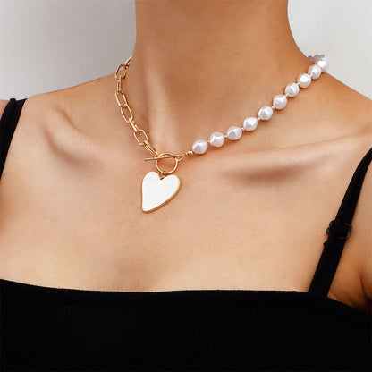 Pearl and White Shell 18K Gold-Plated Heart Pendant Toggle Necklace, gold pendant necklace for women, detail close-up