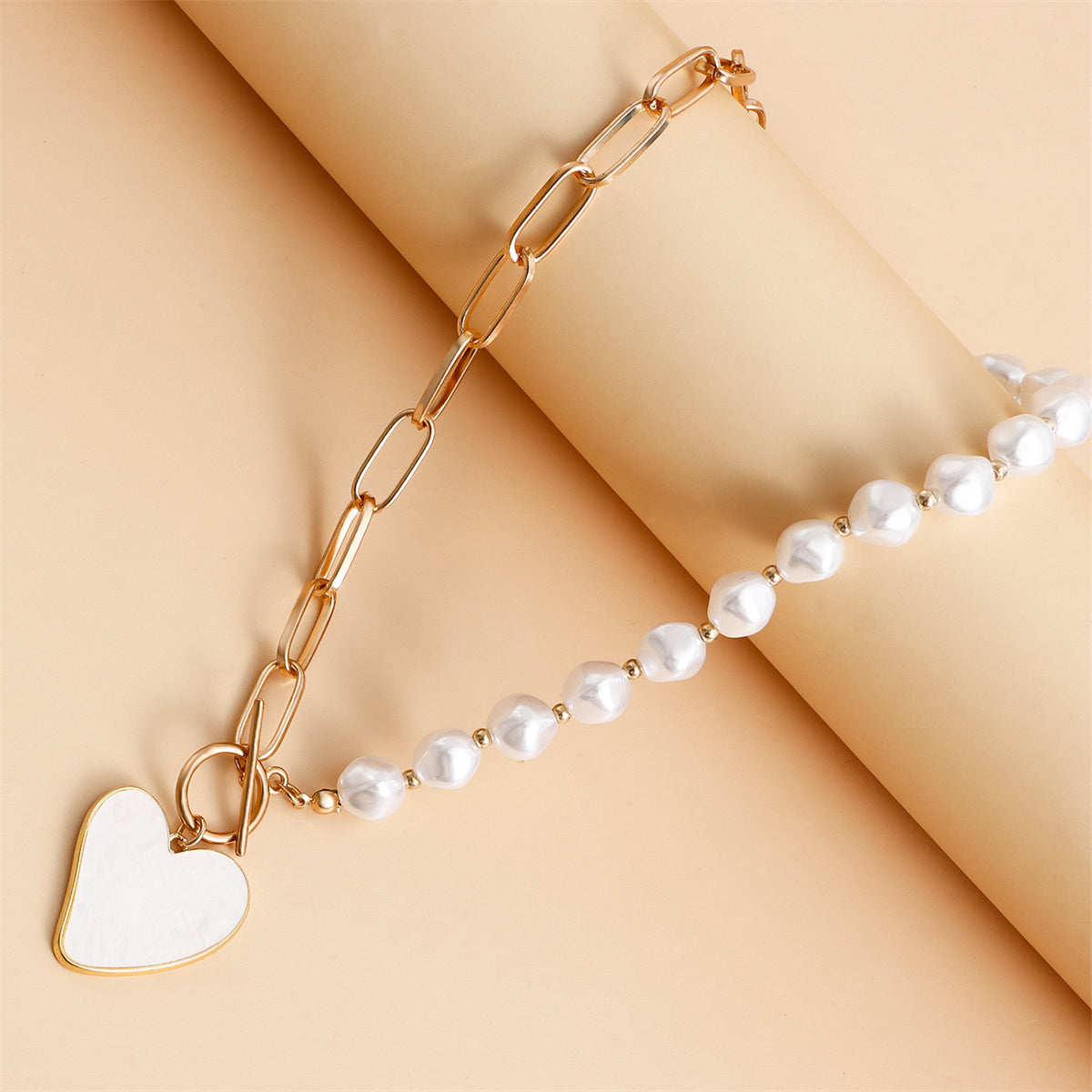 Pearl and White Shell 18K Gold-Plated Heart Pendant Toggle Necklace, gold pendant necklace for women, styled look