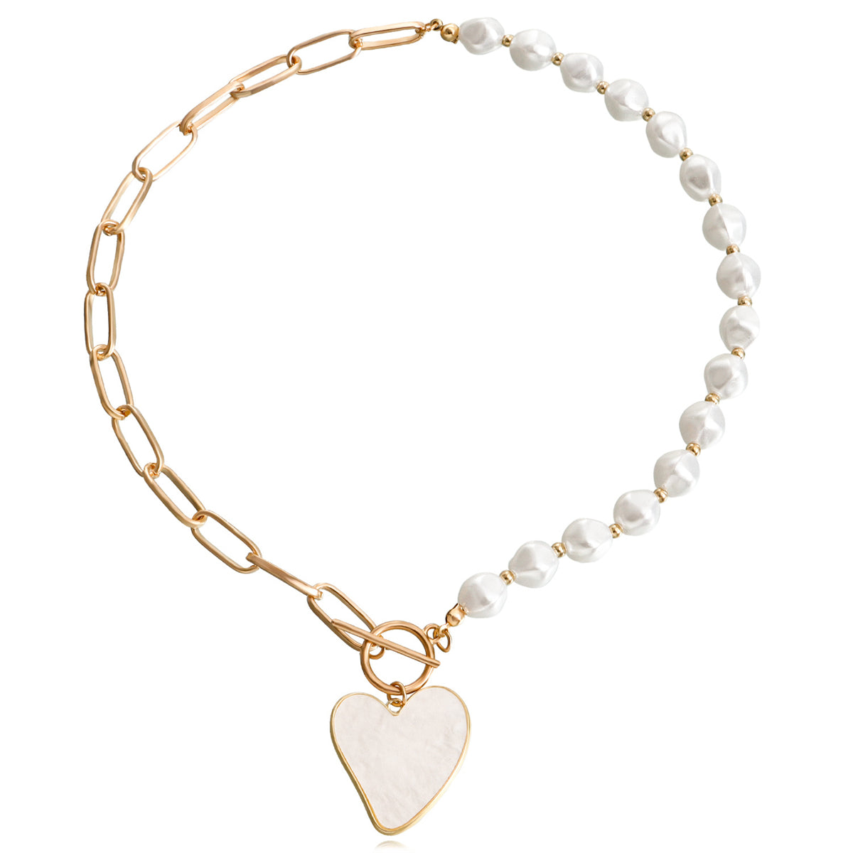 Pearl and White Shell 18K Gold-Plated Heart Pendant Toggle Necklace, gold pendant necklace for women, lifestyle look