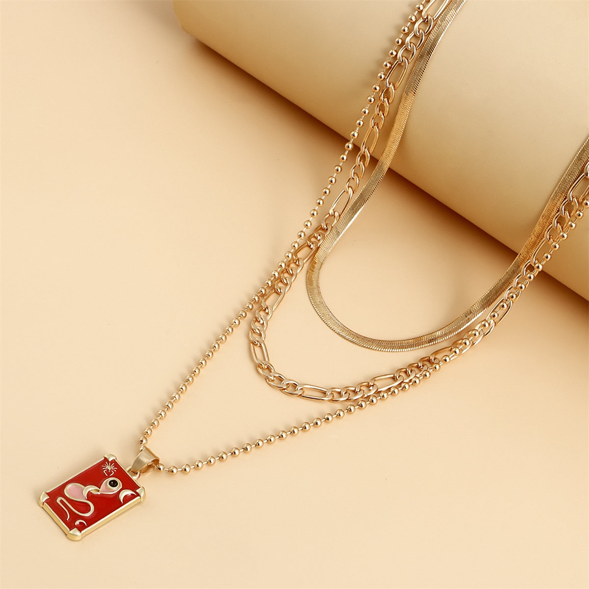 Red Enamel & 18K Gold-Plated Snake Card Pendant Necklace Set