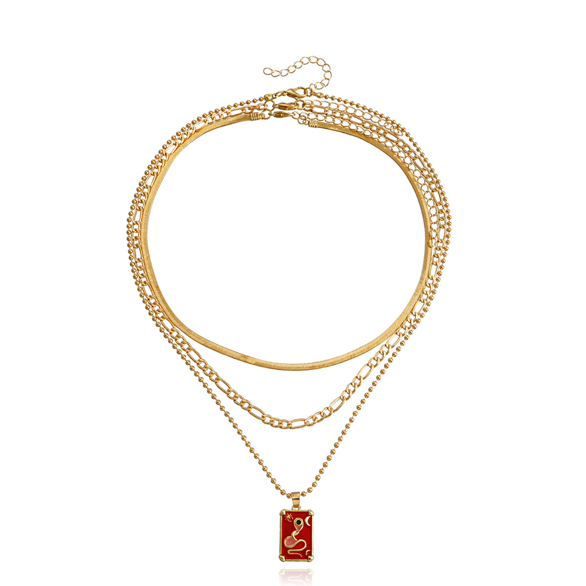 Red Enamel & 18K Gold-Plated Snake Card Pendant Necklace Set