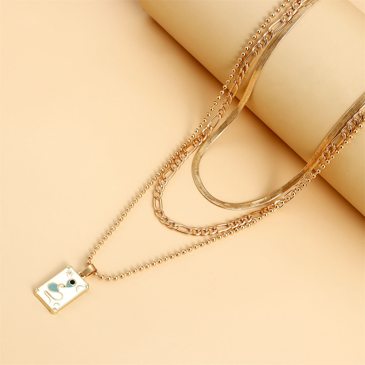 White Enamel & 18K Gold-Plated Snake Card Pendant Necklace Set