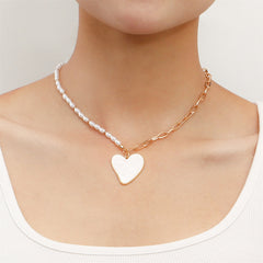 Pearl & White Shell Asymmetrical Beaded Heart Pendant Necklace