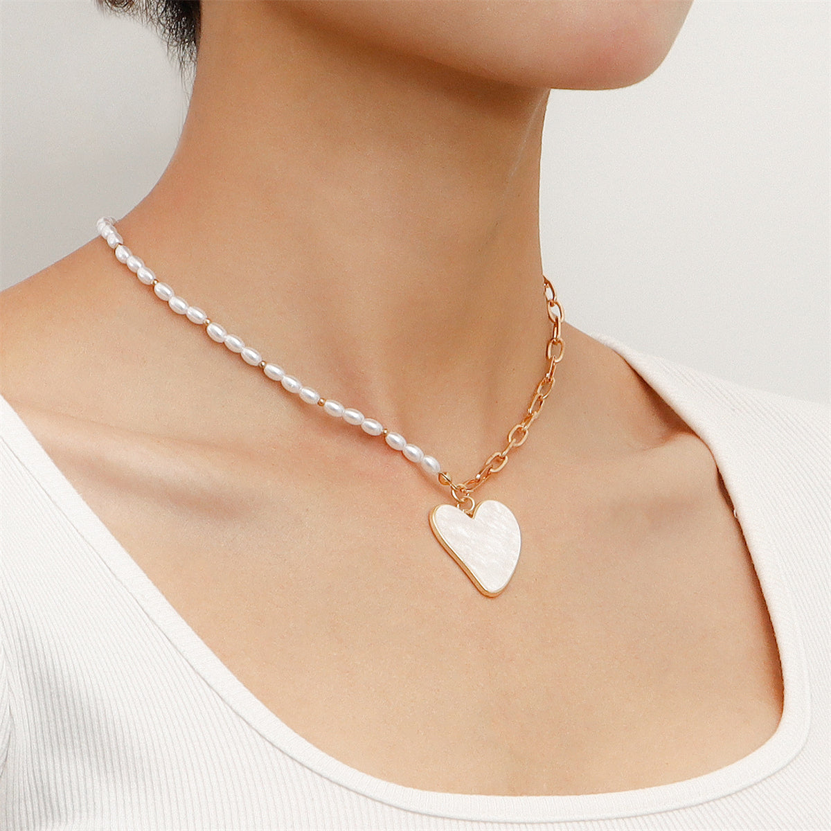 Pearl & White Shell Asymmetrical Beaded Heart Pendant Necklace