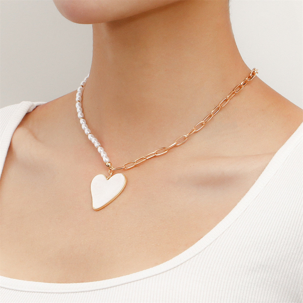 Pearl & White Shell Asymmetrical Beaded Heart Pendant Necklace