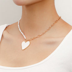 Pearl & White Shell Asymmetrical Beaded Heart Pendant Necklace