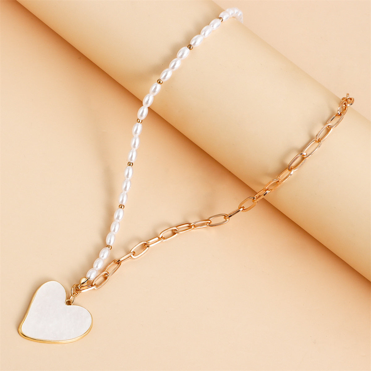 Pearl & White Shell Asymmetrical Beaded Heart Pendant Necklace