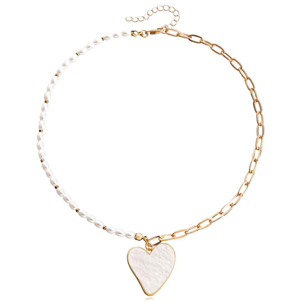 Pearl & White Shell Asymmetrical Beaded Heart Pendant Necklace