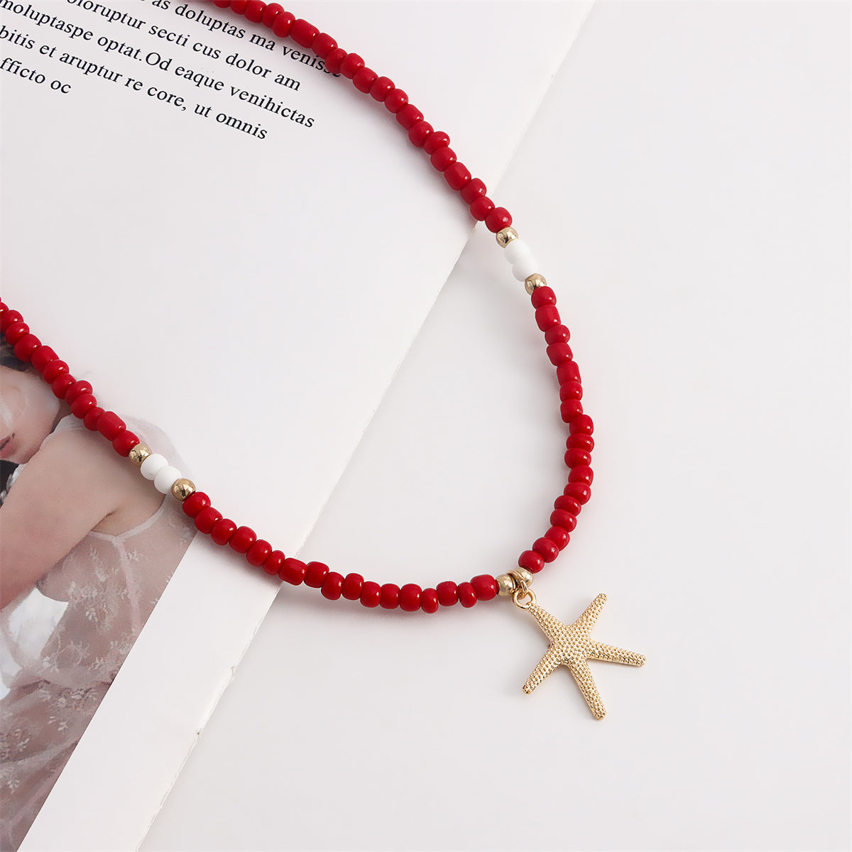 Red Howlite and 18K Gold-Plated Beaded Starfish Pendant Necklace, gold pendant necklace for women, lifestyle look