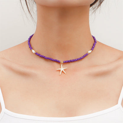 Purple Howlite and 18K Gold-Plated Beaded Starfish Pendant Necklace, gold pendant necklace for women, front view