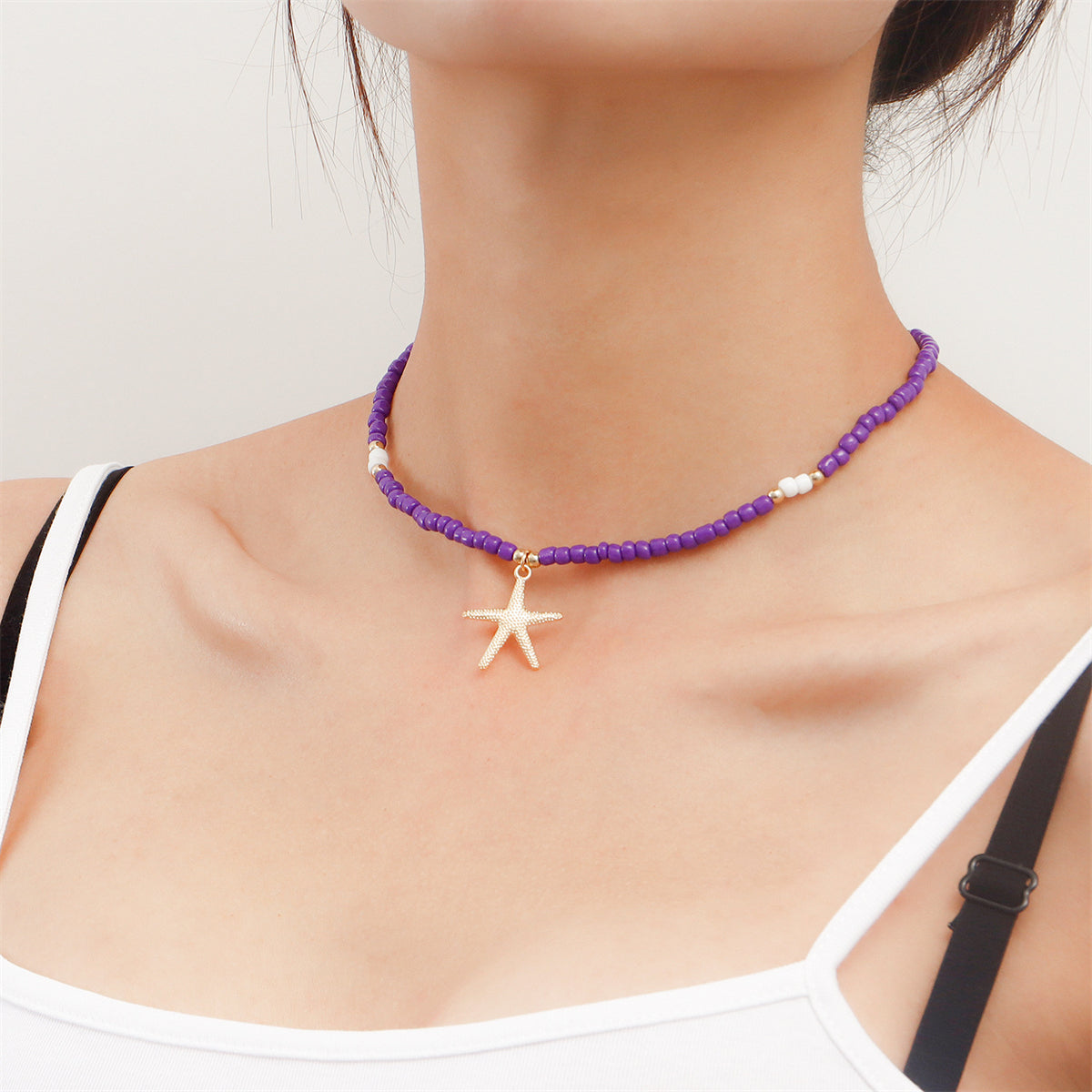 Purple Howlite and 18K Gold-Plated Beaded Starfish Pendant Necklace, gold pendant necklace for women, side view