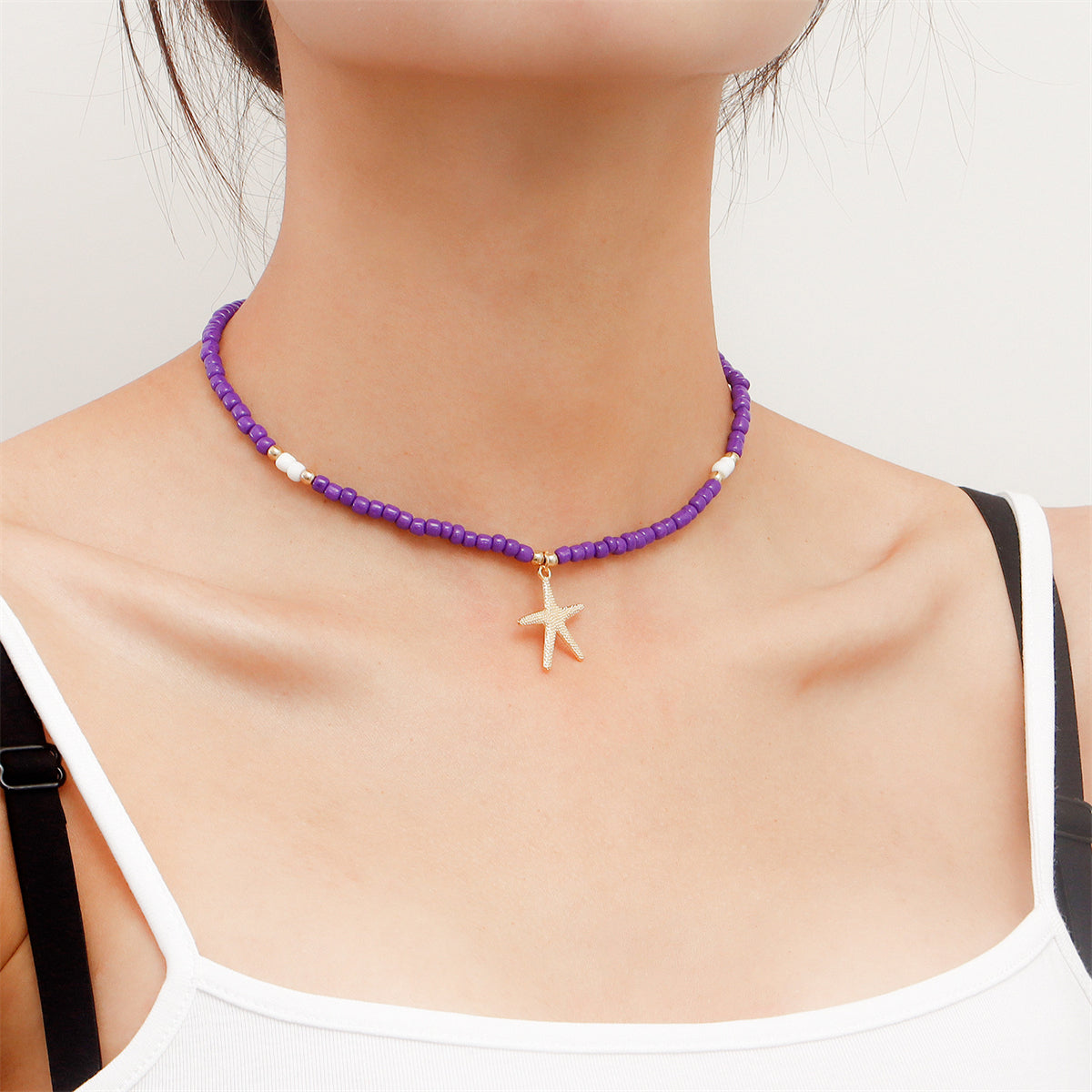 Purple Howlite and 18K Gold-Plated Beaded Starfish Pendant Necklace, gold pendant necklace for women, detail close-up