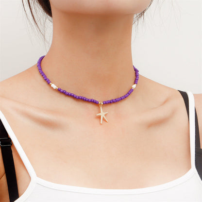 Purple Howlite and 18K Gold-Plated Beaded Starfish Pendant Necklace, gold pendant necklace for women, detail close-up