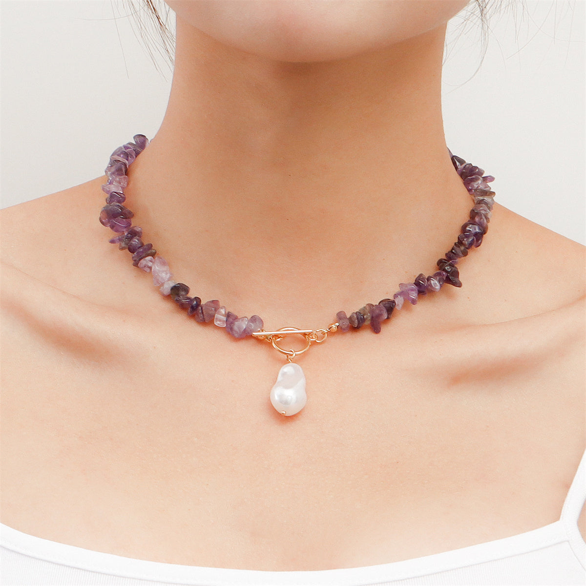 Purple Resin and Pearl Drop Toggle Necklace, pendant necklace for women, elegant gift for her, front view