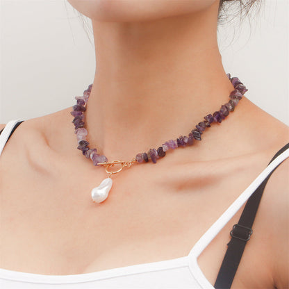 Purple Resin and Pearl Drop Toggle Necklace, pendant necklace for women, elegant gift for her, side view