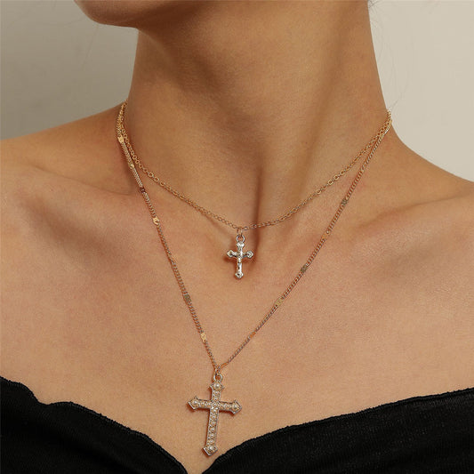 Pearl and 18K Gold-Plated Cross Pendant Layered Necklace, gold pendant necklace for women, front view