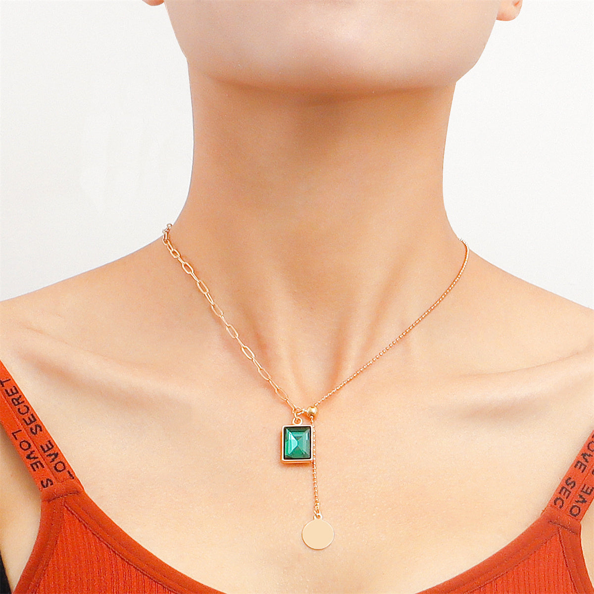 Green Crystal and 18K Gold-Plated Sequin Drop Necklace, gold pendant necklace for women, vintage-inspired design, front view