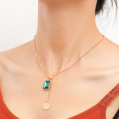 Green Crystal and 18K Gold-Plated Sequin Drop Necklace, gold pendant necklace for women, vintage-inspired design, side view
