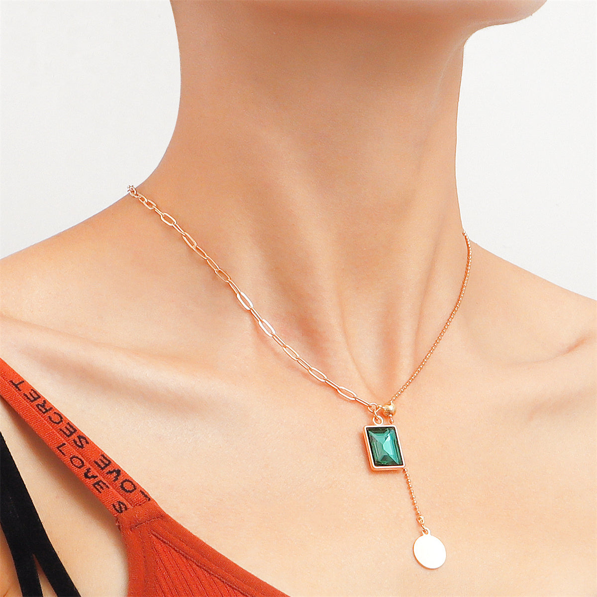 Green Crystal and 18K Gold-Plated Sequin Drop Necklace, gold pendant necklace for women, detail close-up