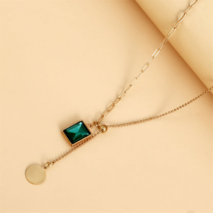 Green Crystal and 18K Gold-Plated Sequin Drop Necklace, gold pendant necklace for women, vintage-inspired design, styled look