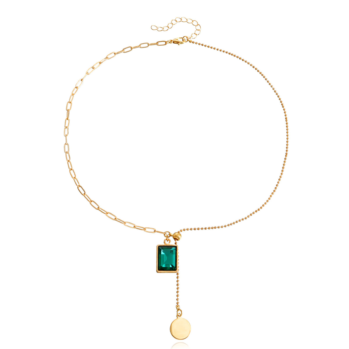 Green Crystal and 18K Gold-Plated Sequin Drop Necklace, gold pendant necklace for women, lifestyle look