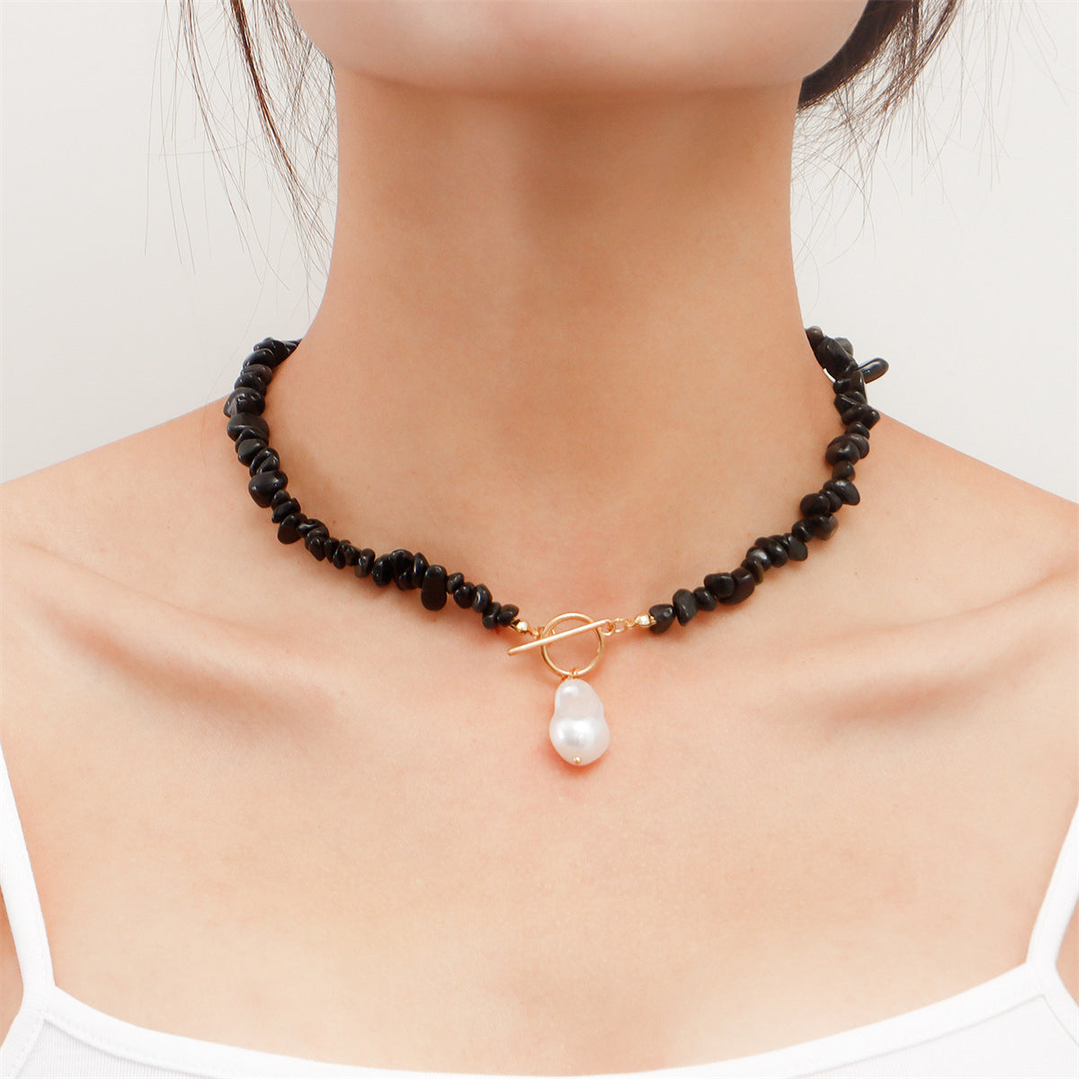 Black Resin and Pearl 18K Gold-Plated Drop Necklace, gold pendant necklace for women, everyday style, front view