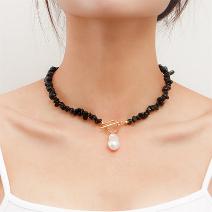 Black Resin and Pearl 18K Gold-Plated Drop Necklace, gold pendant necklace for women, everyday style, front view