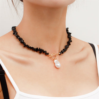 Black Resin and Pearl 18K Gold-Plated Drop Necklace, gold pendant necklace for women, everyday style, side view