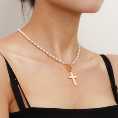 Shell & Pearl 18K Gold-Plated Cross Pendant Toggle Necklace