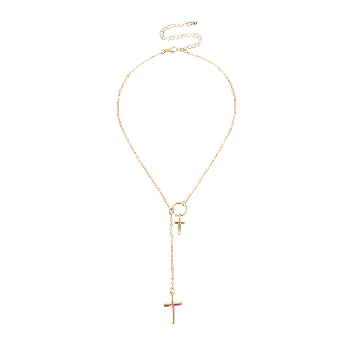 18K Gold-Plated Double-Cross Lariat Necklace, gold pendant necklace for women, elegant gift for her, detail close-up