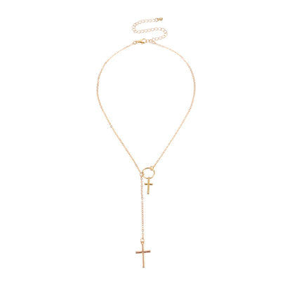 18K Gold-Plated Double-Cross Lariat Necklace, gold pendant necklace for women, elegant gift for her, detail close-up