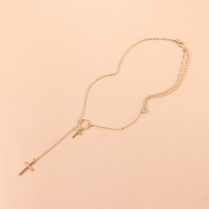 18K Gold-Plated Double-Cross Lariat Necklace, gold pendant necklace for women, elegant gift for her, lifestyle look
