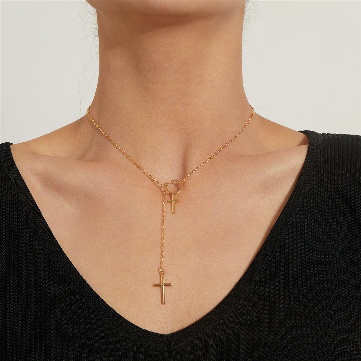 18K Gold-Plated Double-Cross Lariat Necklace, gold pendant necklace for women, elegant gift for her, front view