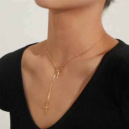 18K Gold-Plated Double-Cross Lariat Necklace, gold pendant necklace for women, elegant gift for her, side view