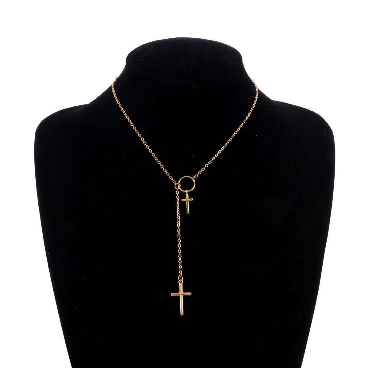 18K Gold-Plated Double-Cross Lariat Necklace, gold pendant necklace for women, elegant gift for her, styled look