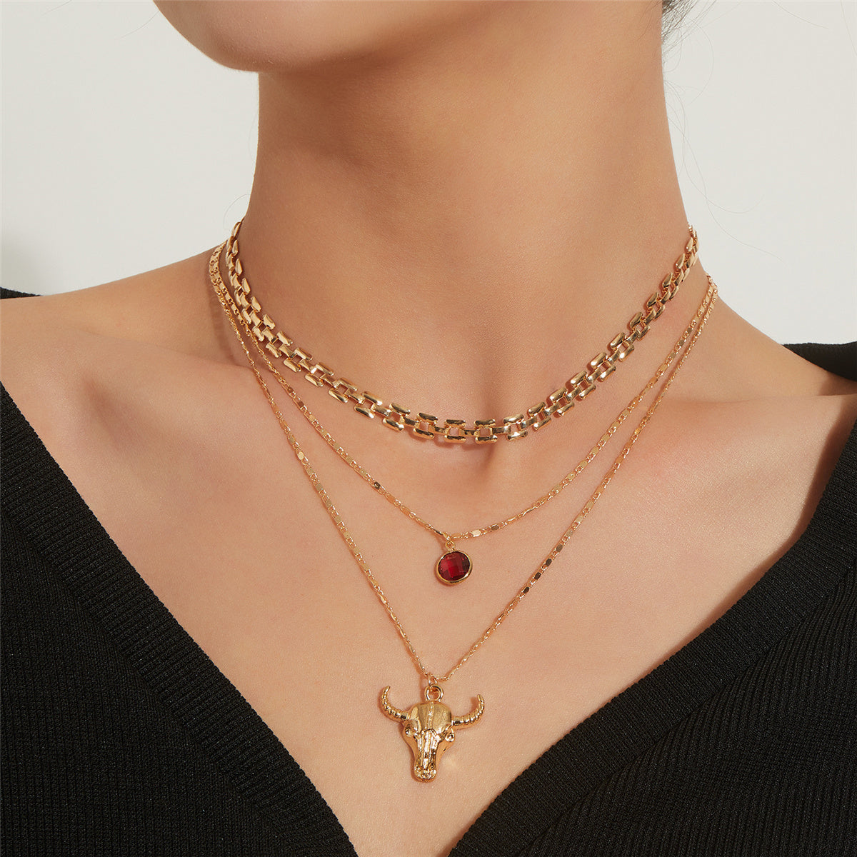 Crystal and 18K Gold-Plated Cattle Layered Pendant Necklace Set, gold pendant necklace for women, front view