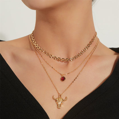 Crystal and 18K Gold-Plated Cattle Layered Pendant Necklace Set, gold pendant necklace for women, front view