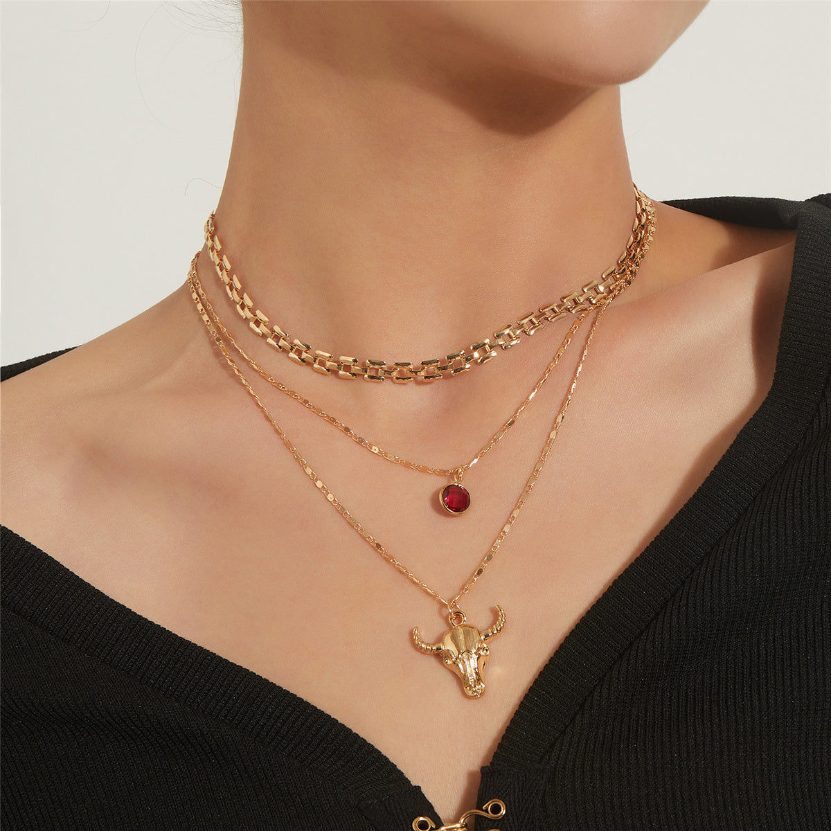 Crystal and 18K Gold-Plated Cattle Layered Pendant Necklace Set, gold pendant necklace for women, lifestyle look