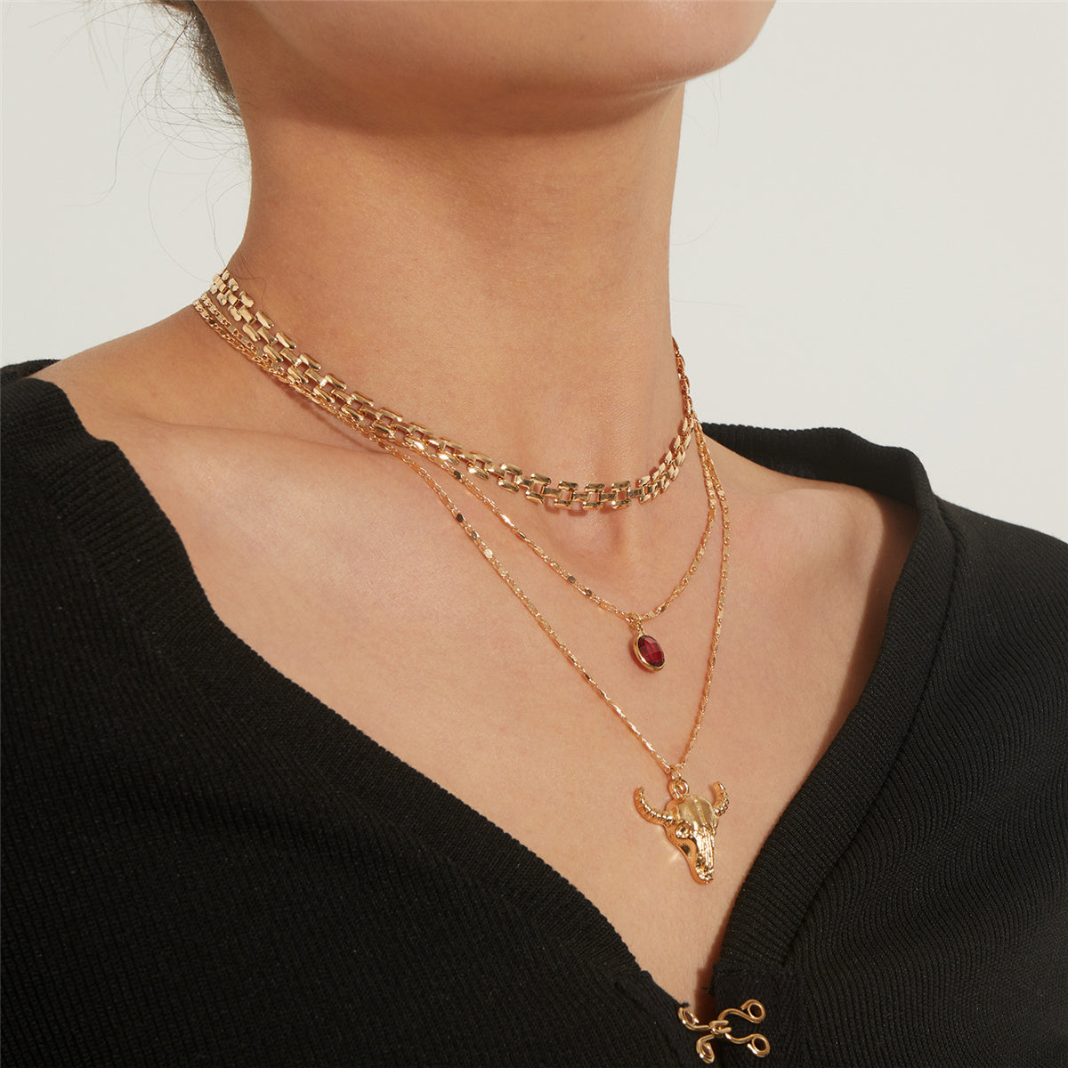Crystal and 18K Gold-Plated Cattle Layered Pendant Necklace Set, gold pendant necklace for women, side view