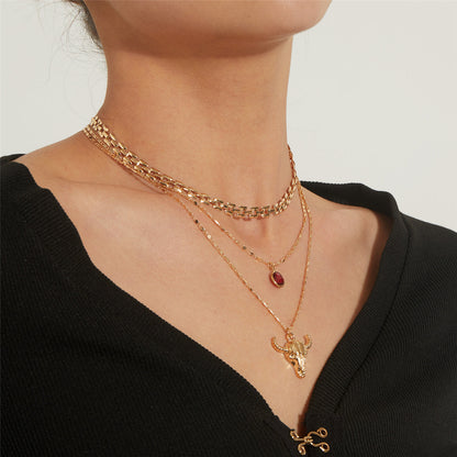 Crystal and 18K Gold-Plated Cattle Layered Pendant Necklace Set, gold pendant necklace for women, side view