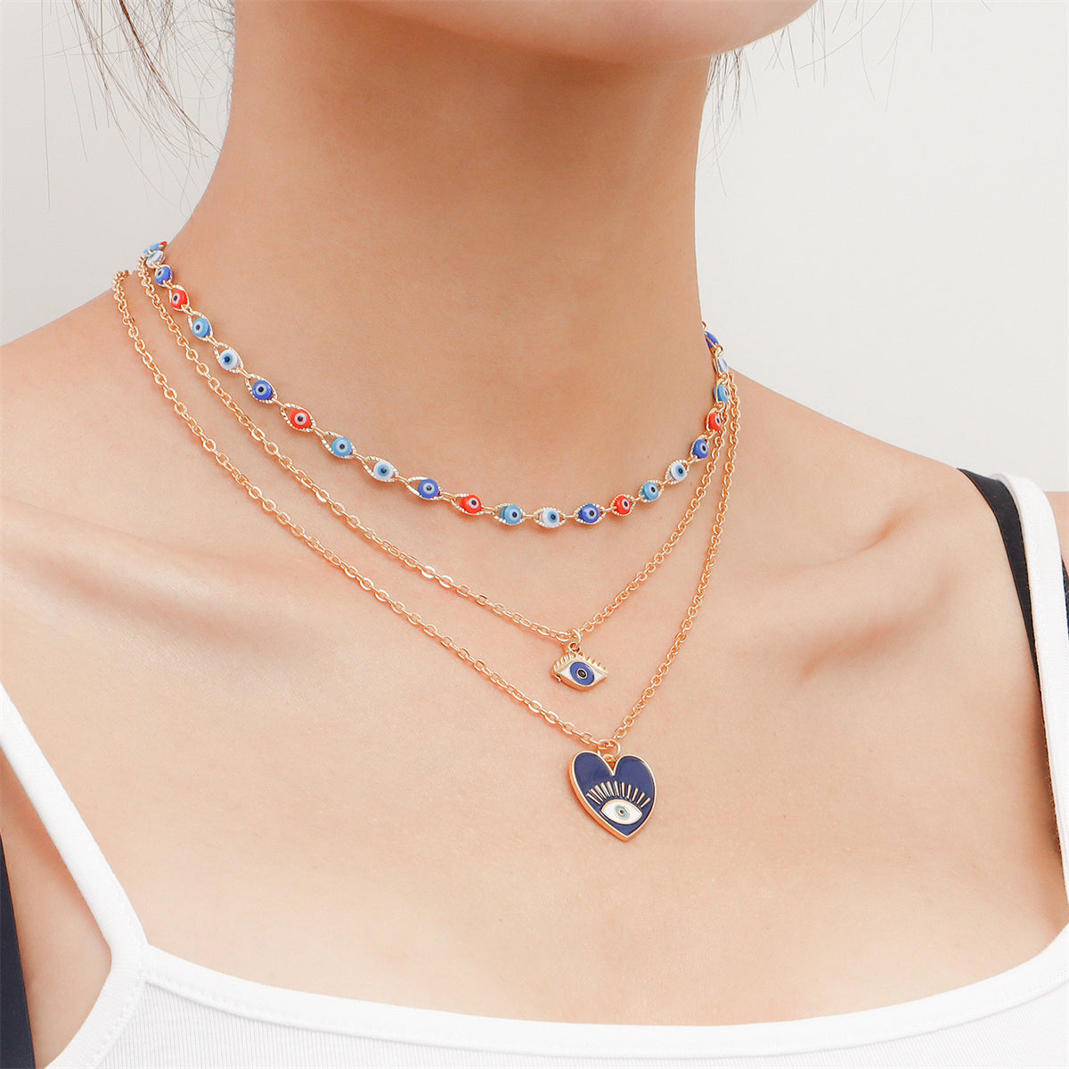 Blue Acrylic & Enamel 18K Gold-Plated Eye Heart Layered Pendant Necklace