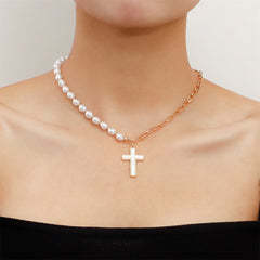 Shell & Pearl 18K Gold-Plated Cross Pendant Patchwork Necklace