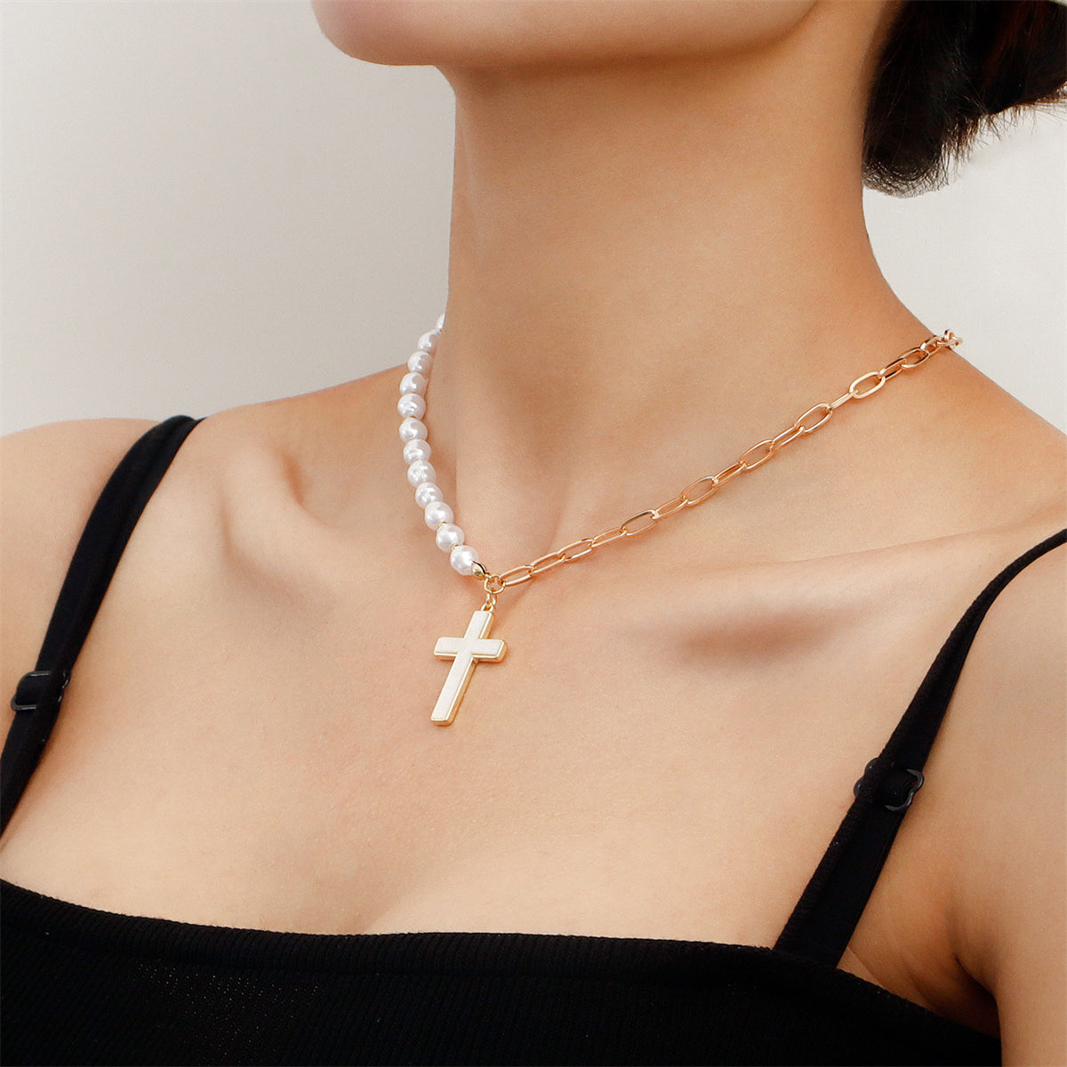 Shell & Pearl 18K Gold-Plated Cross Pendant Patchwork Necklace