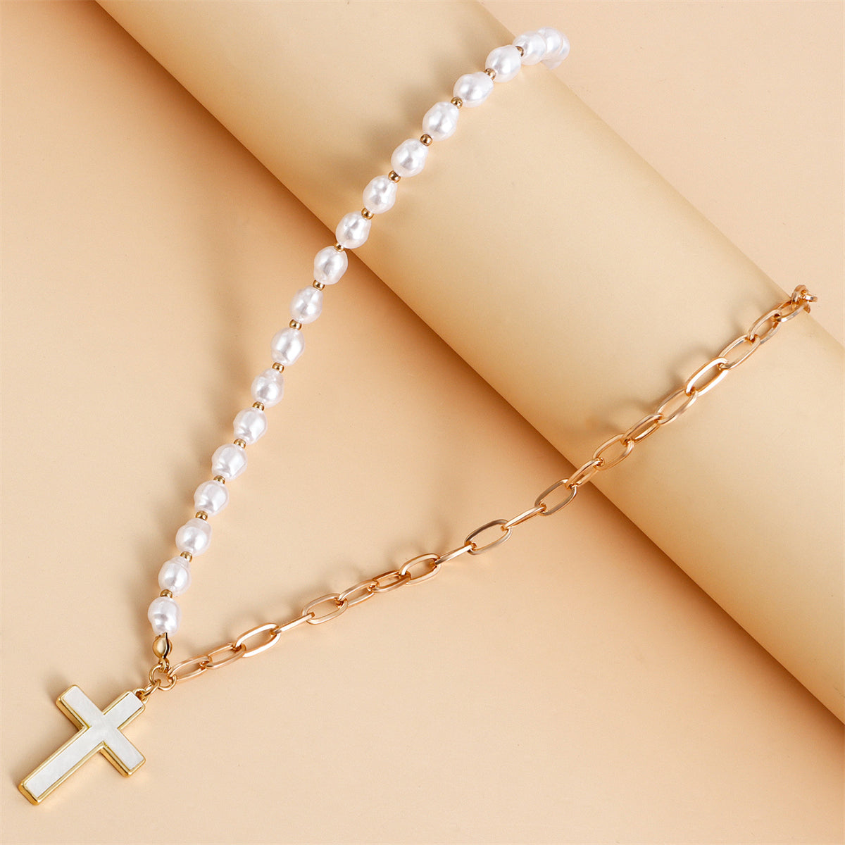 Shell & Pearl 18K Gold-Plated Cross Pendant Patchwork Necklace