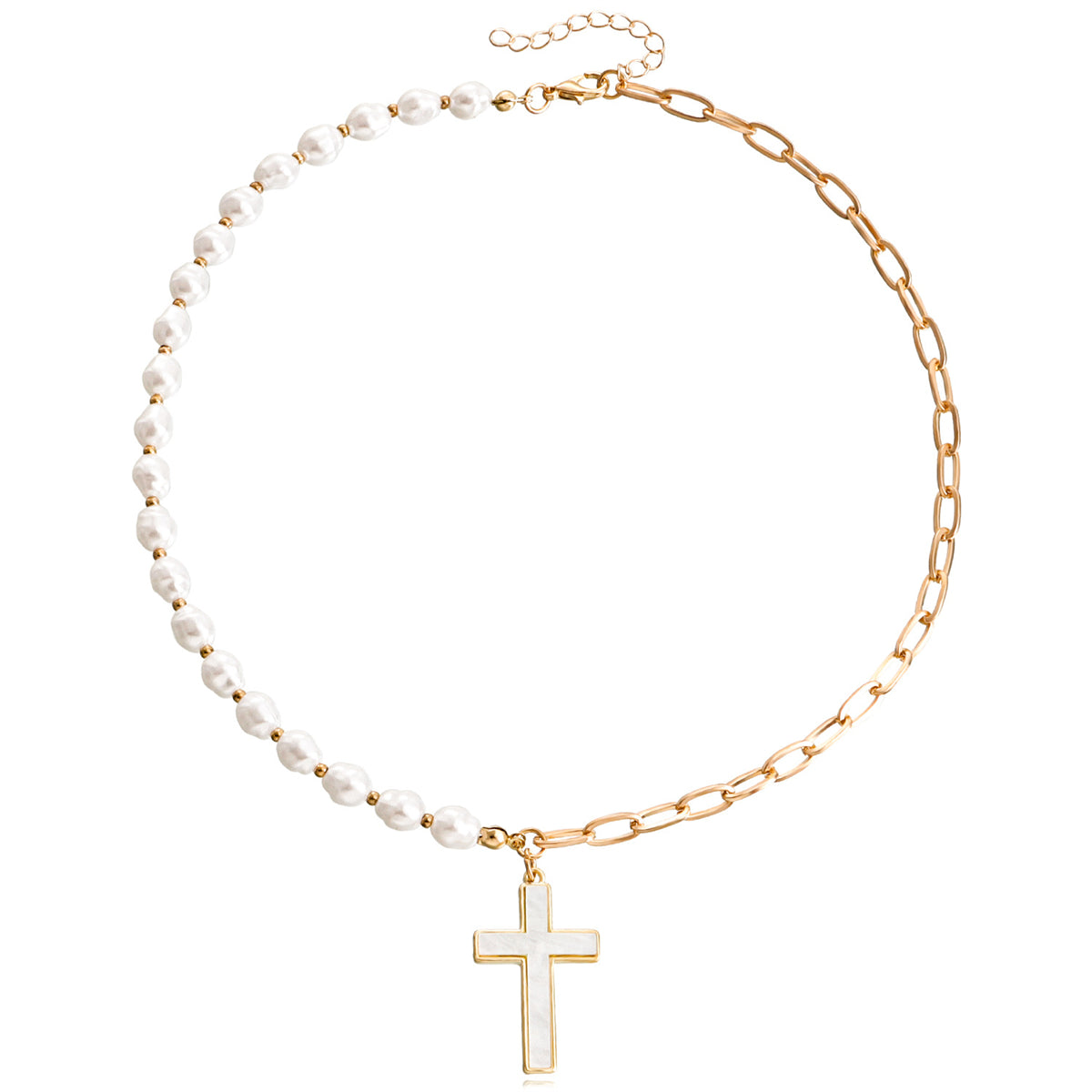 Shell & Pearl 18K Gold-Plated Cross Pendant Patchwork Necklace