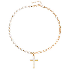 Shell & Pearl 18K Gold-Plated Cross Pendant Patchwork Necklace