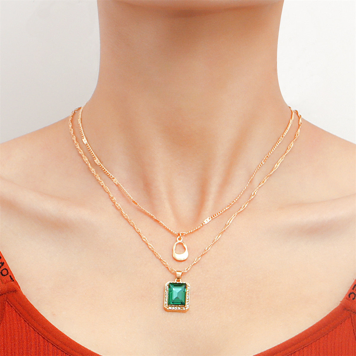 Green Crystal & Cubic Zirconia 18K Gold-Plated Pendant Layered Necklace