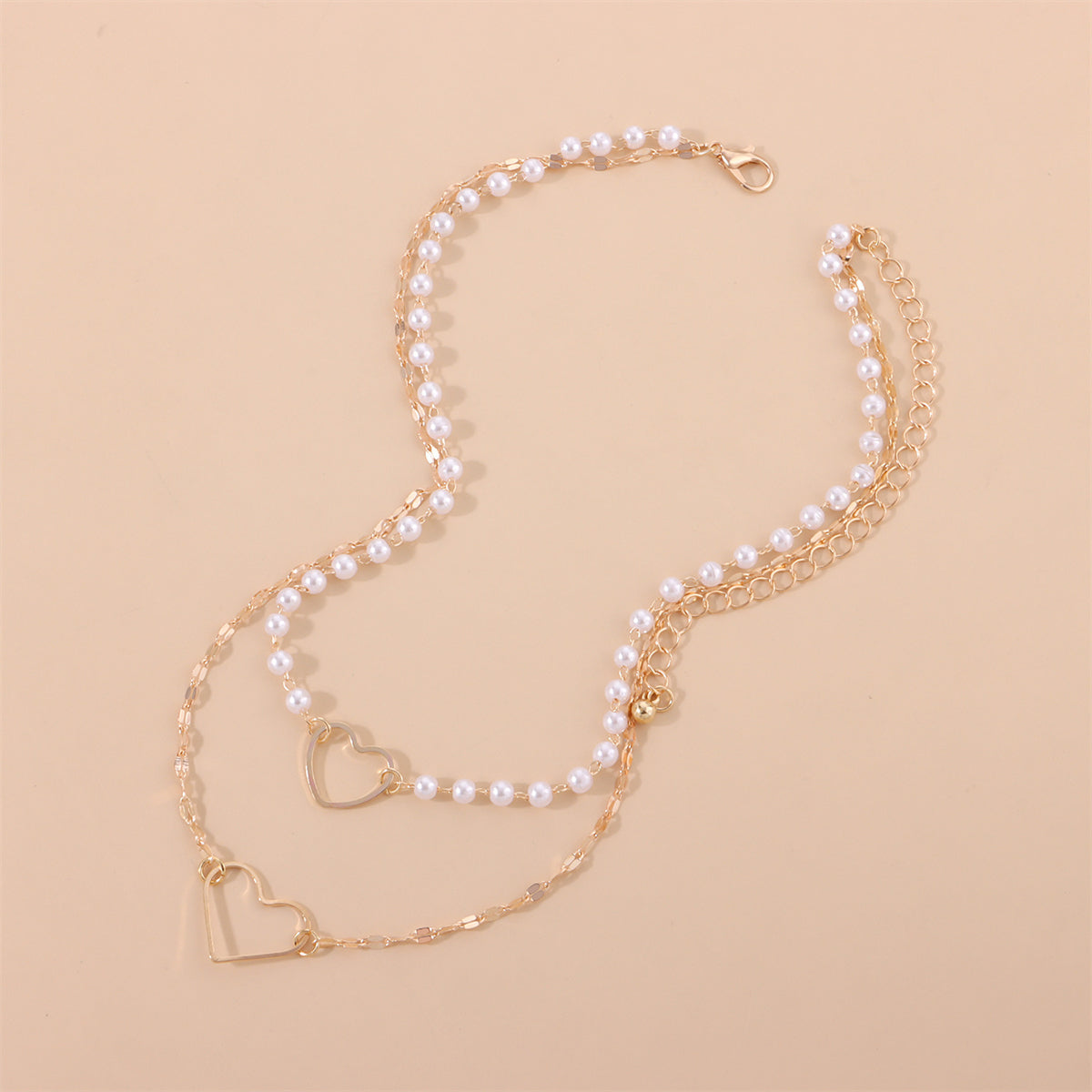 Pearl and 18K Gold-Plated Heart Layered Pendant Necklace, gold pendant necklace for women, detail close-up