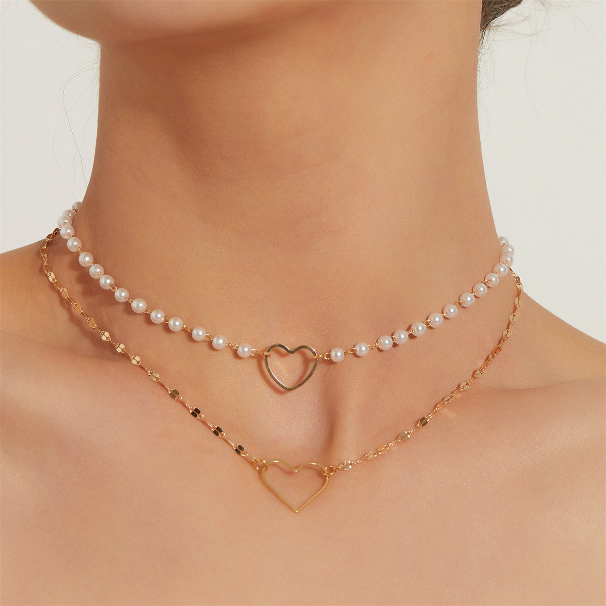 Pearl and 18K Gold-Plated Heart Layered Pendant Necklace, gold pendant necklace for women, front view